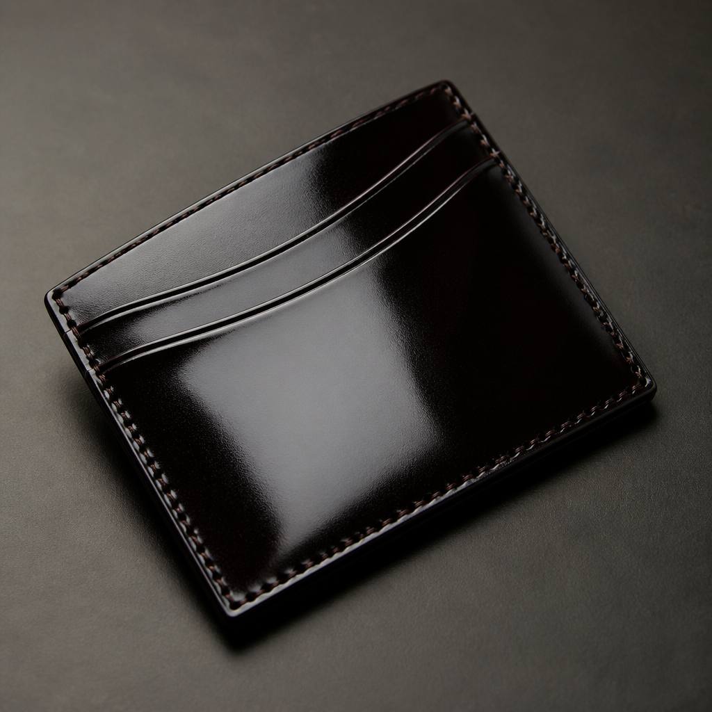 黒いコードバンの名刺入れの深い艶のアップ