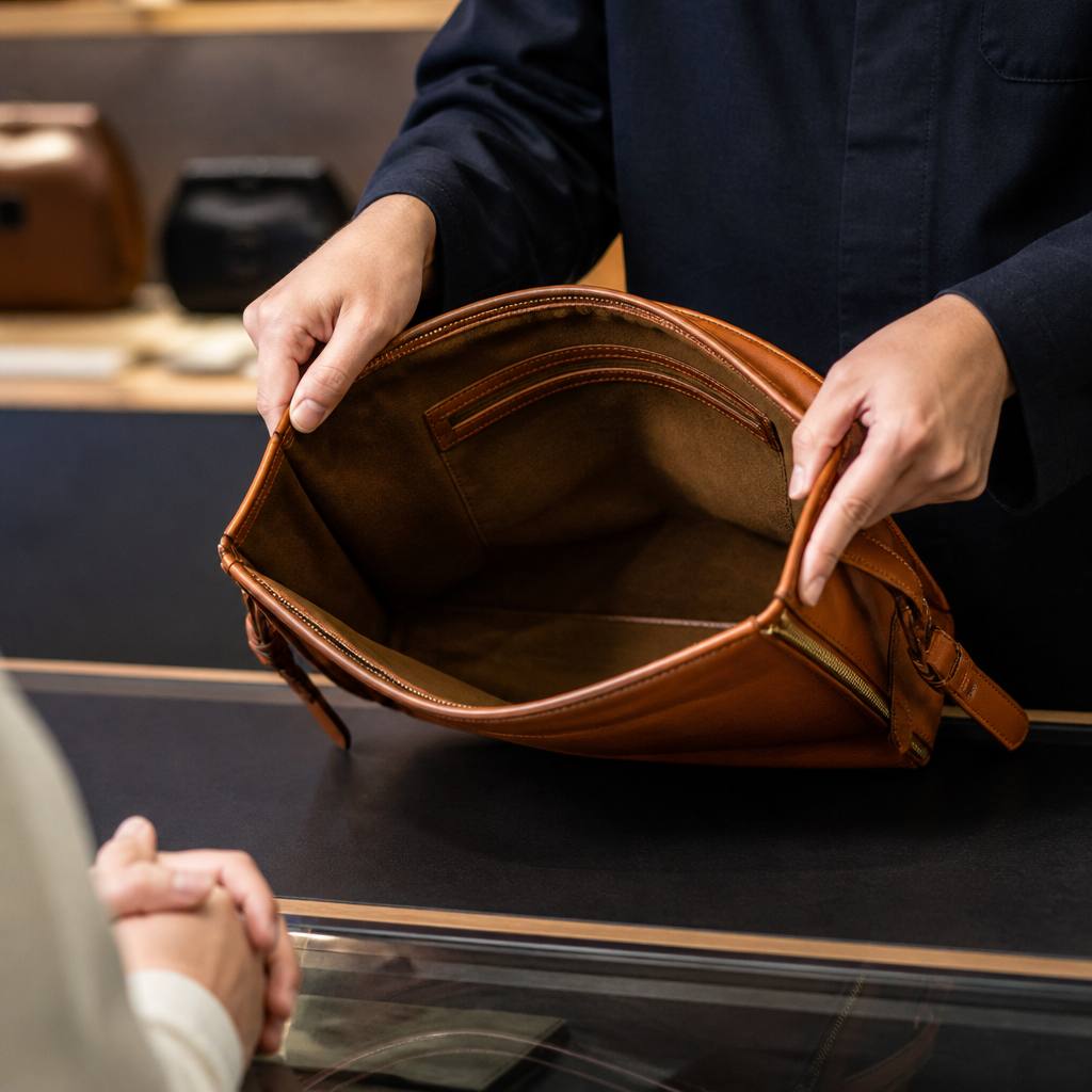 店員に革製品を見せてもらっている手元