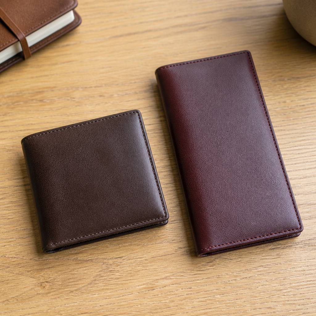 二つ折りと長財布のコードバン財布を並べた俯瞰