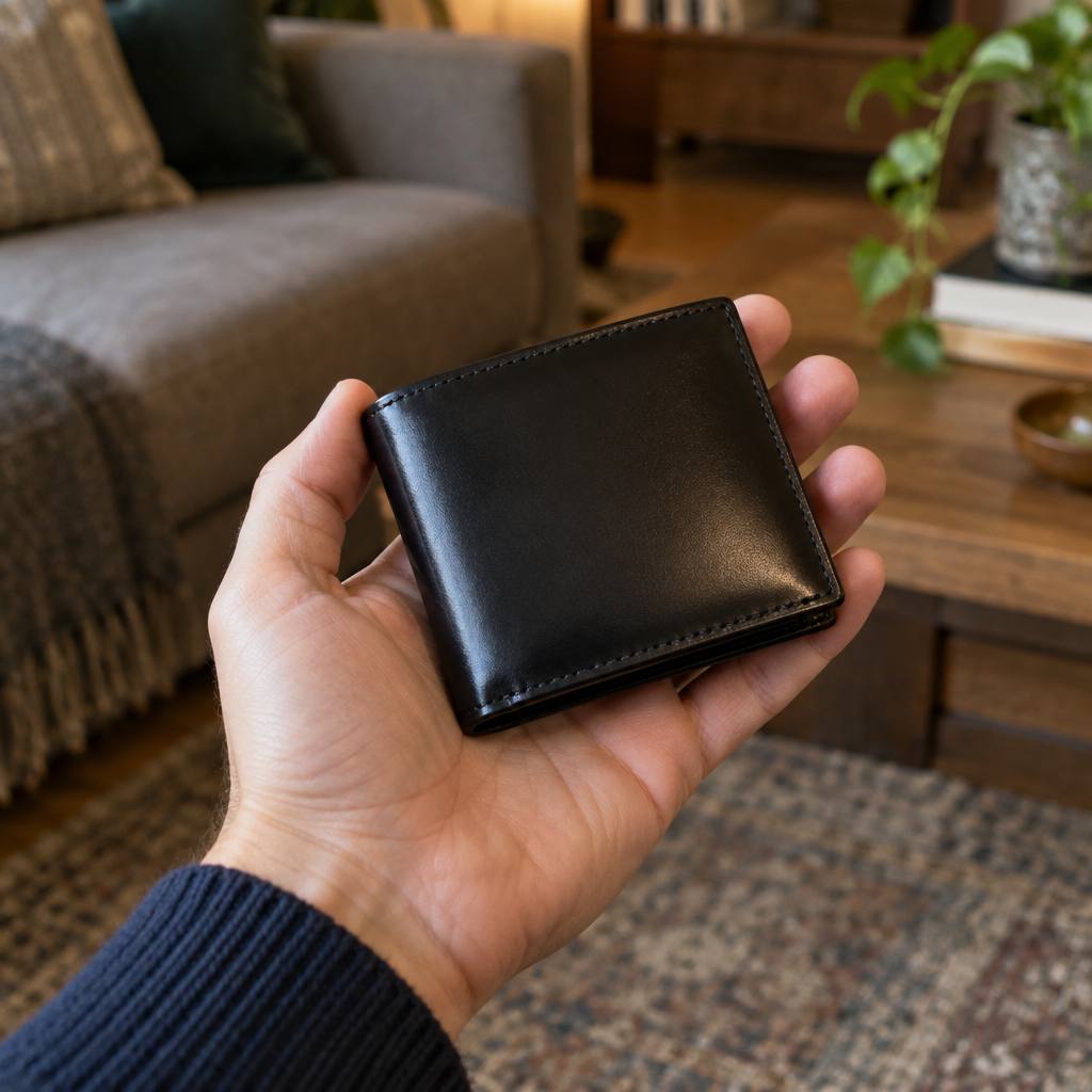 手のひらに収まる小さなコードバンの二つ折り財布