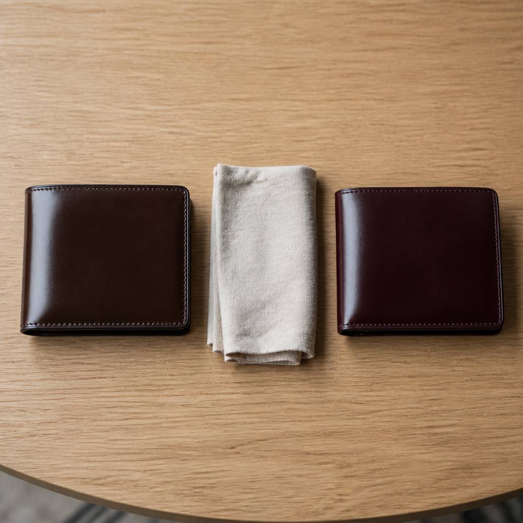 木のテーブルに並べた2つのコードバンの二つ折り財布
