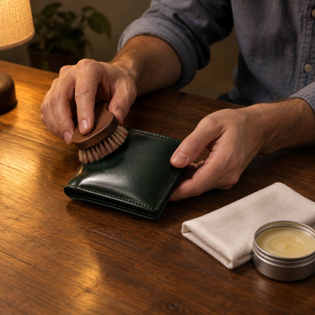 馬毛のブラシと布でコードバンの財布を手入れする手元