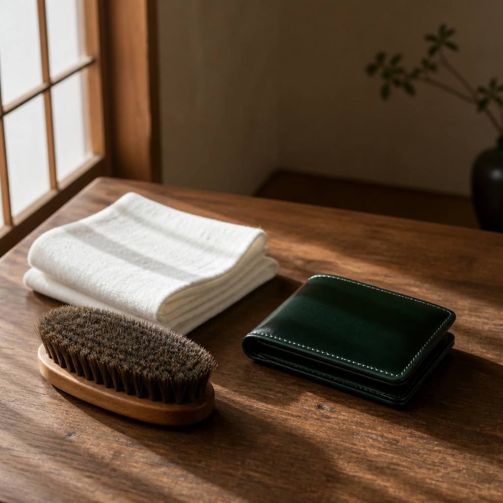 柔らかい布でコードバンの財布を乾拭きしているところ