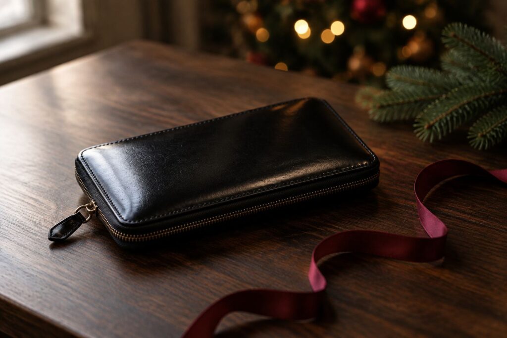 クリスマスのリボンを添えた艶のある黒いコードバンの長財布