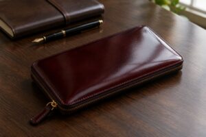木のデスクに置いた艶のあるボルドーのコードバン長財布